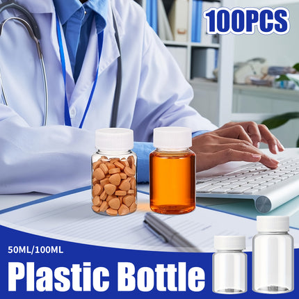 100Pcs Wide Mouth Clear Plastic Bottle with Lid 50/100ml Leakproof Storage Jars