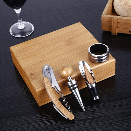 4in1 High-End Bamboo Box Packaged Multi-Functional Stainless Steel Bottle Opener