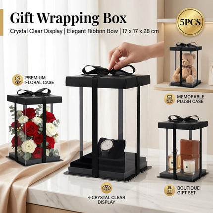 Clear PVC Bouquet Gift Boxes 5 Pack 17x17x28cm Black Ribbon