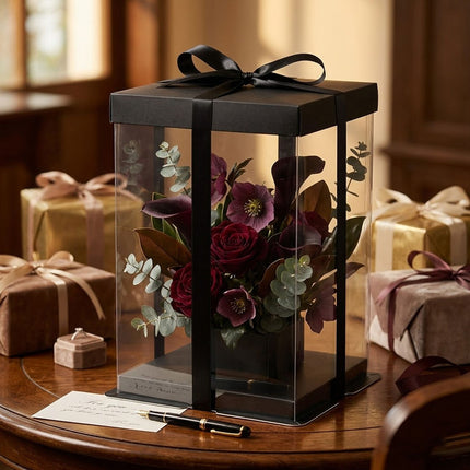 Clear PVC Bouquet Gift Boxes 5 Pack 17x17x28cm Black Ribbon