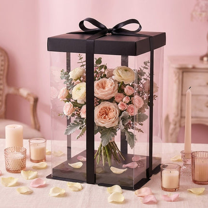 Clear PVC Bouquet Gift Boxes 5 Pack 17x17x28cm Black Ribbon