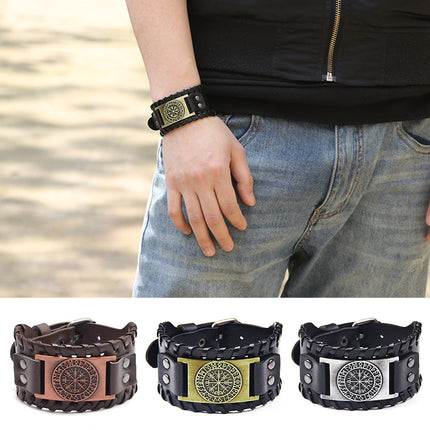 Viking Compass Leather Bracelet Men Adjustable PU Leather Cuff Runes Wristband