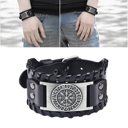 Viking Compass Leather Bracelet Men Adjustable PU Leather Cuff Runes Wristband