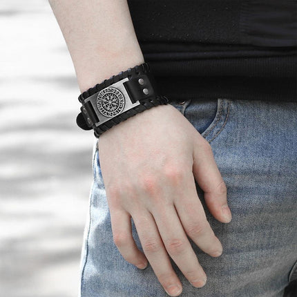 Viking Compass Leather Bracelet Men Adjustable PU Leather Cuff Runes Wristband