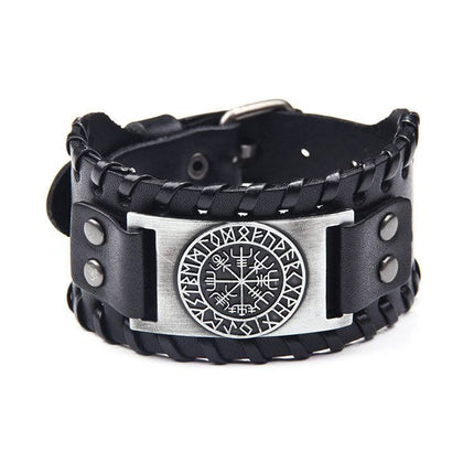 Viking Compass Leather Bracelet Men Adjustable PU Leather Cuff Runes Wristband