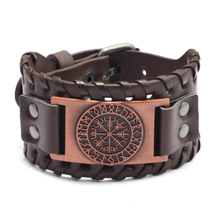 Viking Compass Leather Bracelet Men Adjustable PU Leather Cuff Runes Wristband