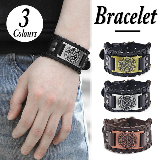 Viking Compass Leather Bracelet Men Adjustable PU Leather Cuff Runes Wristband