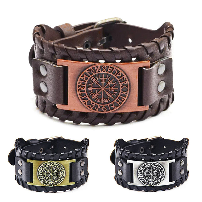 Viking Compass Leather Bracelet Men Adjustable PU Leather Cuff Runes Wristband