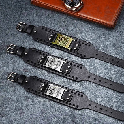 Viking Compass Leather Bracelet Men Adjustable PU Leather Cuff Runes Wristband