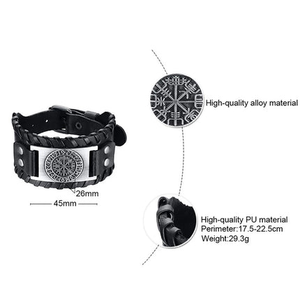 Viking Compass Leather Bracelet Men Adjustable PU Leather Cuff Runes Wristband