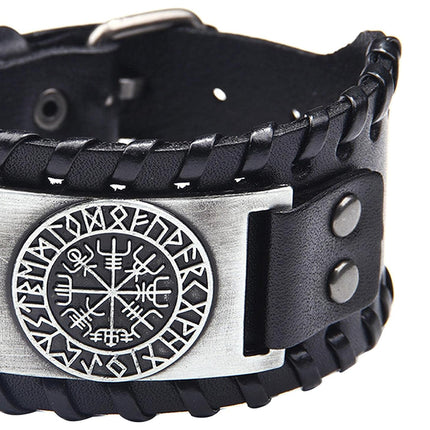 Viking Compass Leather Bracelet Men Adjustable PU Leather Cuff Runes Wristband