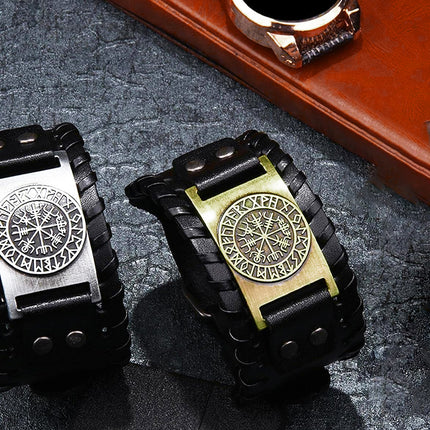 Viking Compass Leather Bracelet Men Adjustable PU Leather Cuff Runes Wristband