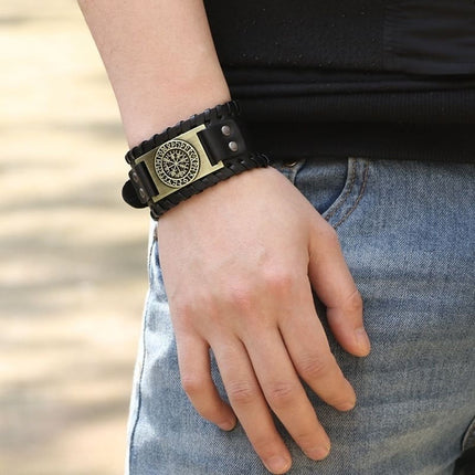Viking Compass Leather Bracelet Men Adjustable PU Leather Cuff Runes Wristband
