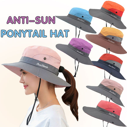 Women Wide Brim Ponytail Hat Sun Protect Visor Summer Beach Cap Anti Uv Floppy