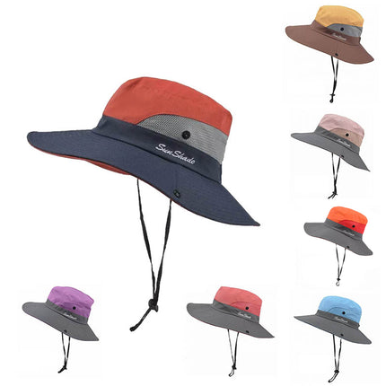 Women Wide Brim Ponytail Hat Sun Protect Visor Summer Beach Cap Anti Uv Floppy