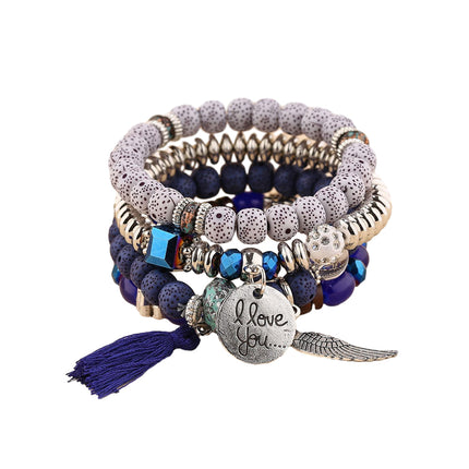 Boho Multilayer Bracelet Set with Turquoise Crystal Tassel and Charms for Women