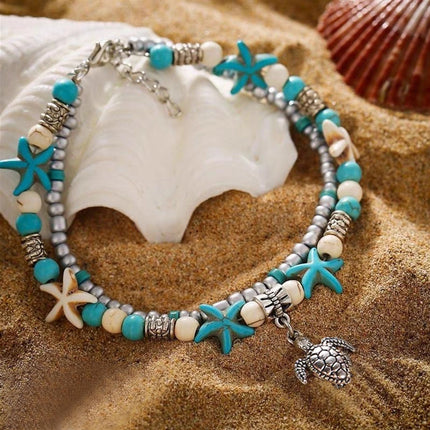 Boho Beaded Anklet with Ocean Charms Alloy Chain Jewellery 5 Styles