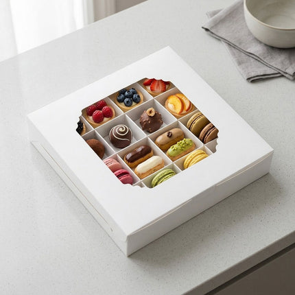 White Window Dessert Boxes 50 Pack 15x15x3.5cm Insert Tray