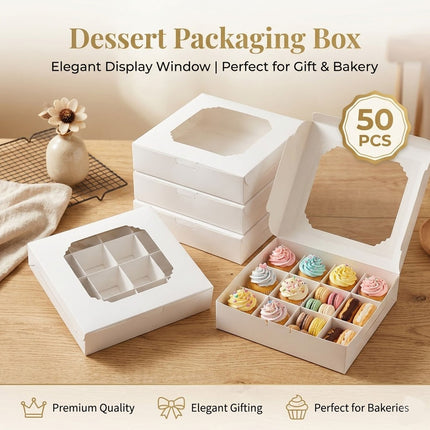 White Window Dessert Boxes 50 Pack 15x15x3.5cm Insert Tray