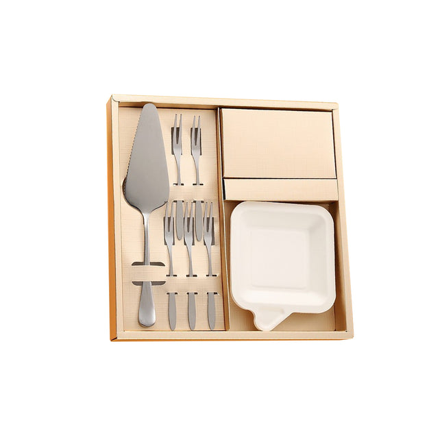 Stainless Steel Cake Knife Fork Plate Set With Candles For Party Dessert Serving
