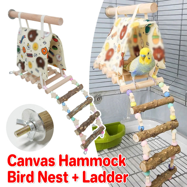 Parrot Hammock Tent with Ladder Playground Bird Cage 3 in 1 Canvas Wood Set