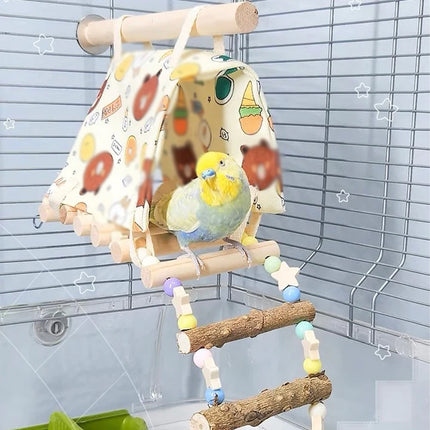 Parrot Hammock Tent with Ladder Playground Bird Cage 3 in 1 Canvas Wood Set