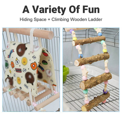 Parrot Hammock Tent with Ladder Playground Bird Cage 3 in 1 Canvas Wood Set