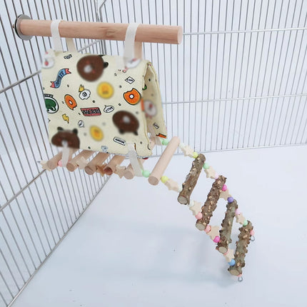 Parrot Hammock Tent with Ladder Playground Bird Cage 3 in 1 Canvas Wood Set