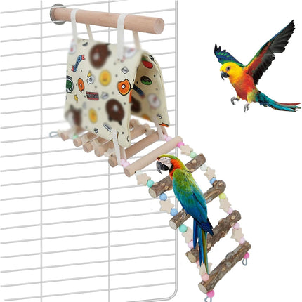 Parrot Hammock Tent with Ladder Playground Bird Cage 3 in 1 Canvas Wood Set
