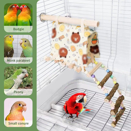 Parrot Hammock Tent with Ladder Playground Bird Cage 3 in 1 Canvas Wood Set