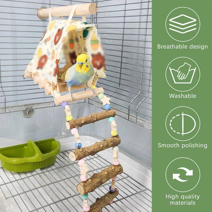 Parrot Hammock Tent with Ladder Playground Bird Cage 3 in 1 Canvas Wood Set