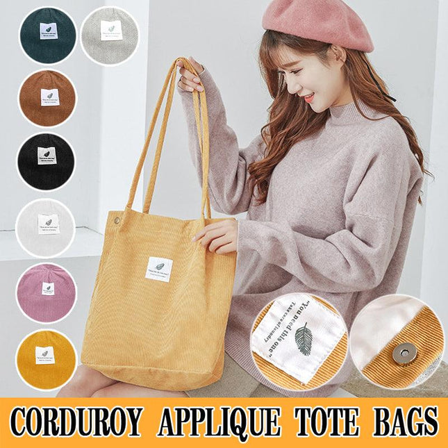 Women Corduroy Applique Tote Bags Handbag Messenger Canvas Shoulder Bag Travel - Aimall