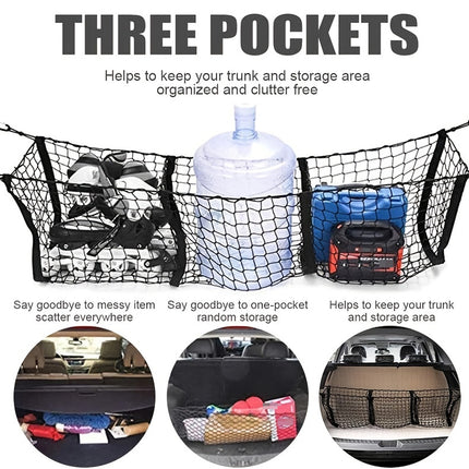 Car Trunk Cargo Net 3 Pocket Boot Storage Mesh SUV Sedan Pickup 110 x 30cm