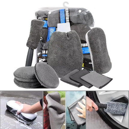 Car Cleaning 9 Piece Set Multi Color Glove Towel Wax Sponge Tire Brush Dust Kit