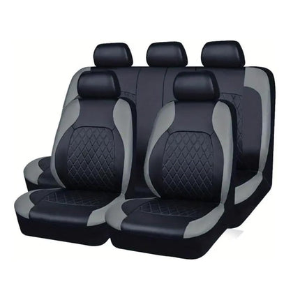 Car Seat Cover Set 9pcs Universal PU Leather Diamond Quilted Black Grey 5 Seat