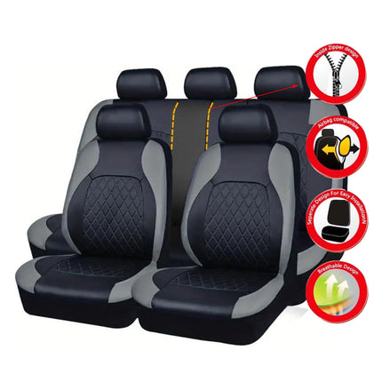 Car Seat Cover Set 9pcs Universal PU Leather Diamond Quilted Black Grey 5 Seat