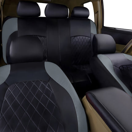 Car Seat Cover Set 9pcs Universal PU Leather Diamond Quilted Black Grey 5 Seat