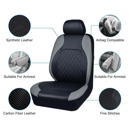 Car Seat Cover Set 9pcs Universal PU Leather Diamond Quilted Black Grey 5 Seat
