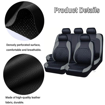 Car Seat Cover Set 9pcs Universal PU Leather Diamond Quilted Black Grey 5 Seat