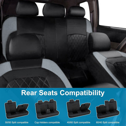 Car Seat Cover Set 9pcs Universal PU Leather Diamond Quilted Black Grey 5 Seat