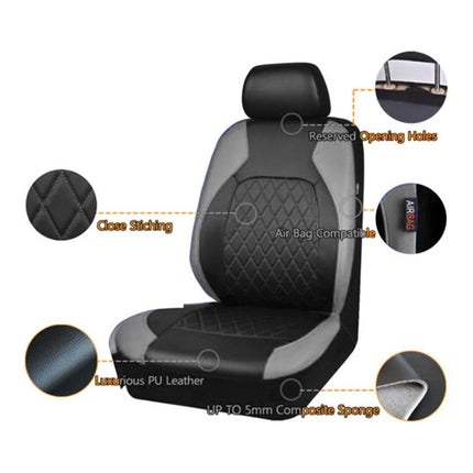 Car Seat Cover Set 9pcs Universal PU Leather Diamond Quilted Black Grey 5 Seat