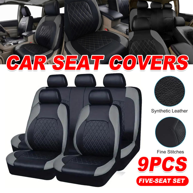 9pcs Universal PU Leather Diamond Quilted Vehicle Interior Cover Set - Black Grey 5-Chair