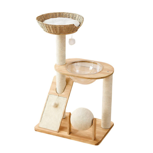 Solid Wood Cat Tree 94cm Woven Basket Bed Space Capsule Sisal Scratcher Ball