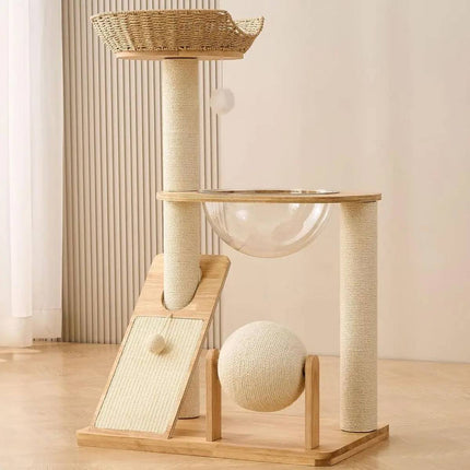 Solid Wood Cat Tree 94cm Woven Basket Bed Space Capsule Sisal Scratcher Ball