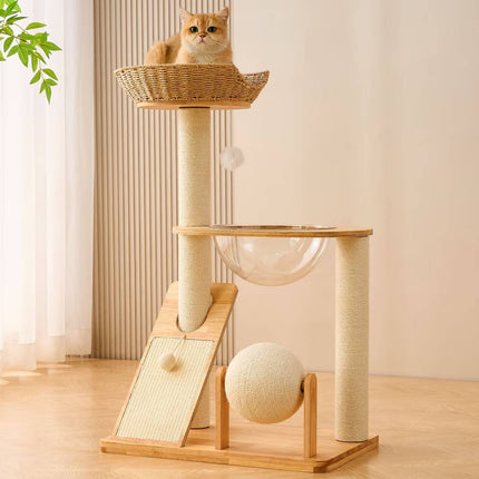 Solid Wood Cat Tree 94cm Woven Basket Bed Space Capsule Sisal Scratcher Ball