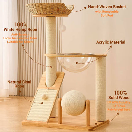 Solid Wood Cat Tree 94cm Woven Basket Bed Space Capsule Sisal Scratcher Ball