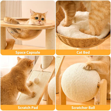 Solid Wood Cat Tree 94cm Woven Basket Bed Space Capsule Sisal Scratcher Ball