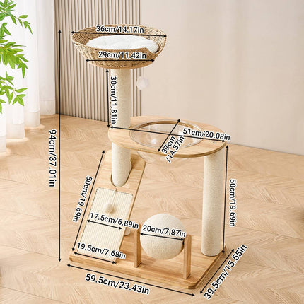 Solid Wood Cat Tree 94cm Woven Basket Bed Space Capsule Sisal Scratcher Ball