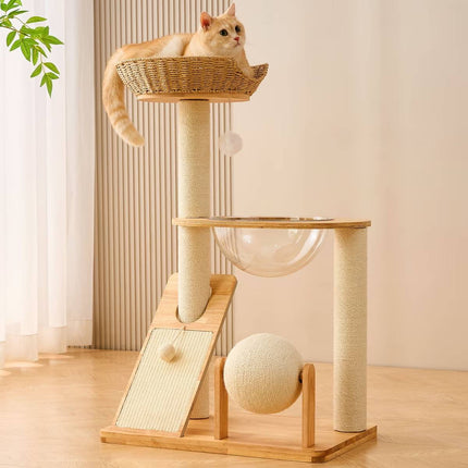 Solid Wood Cat Tree 94cm Woven Basket Bed Space Capsule Sisal Scratcher Ball