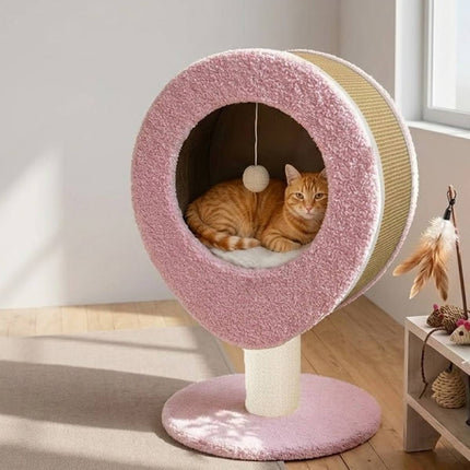 Pink Elevated Cat Bed with Sisal Scratching Post Condo